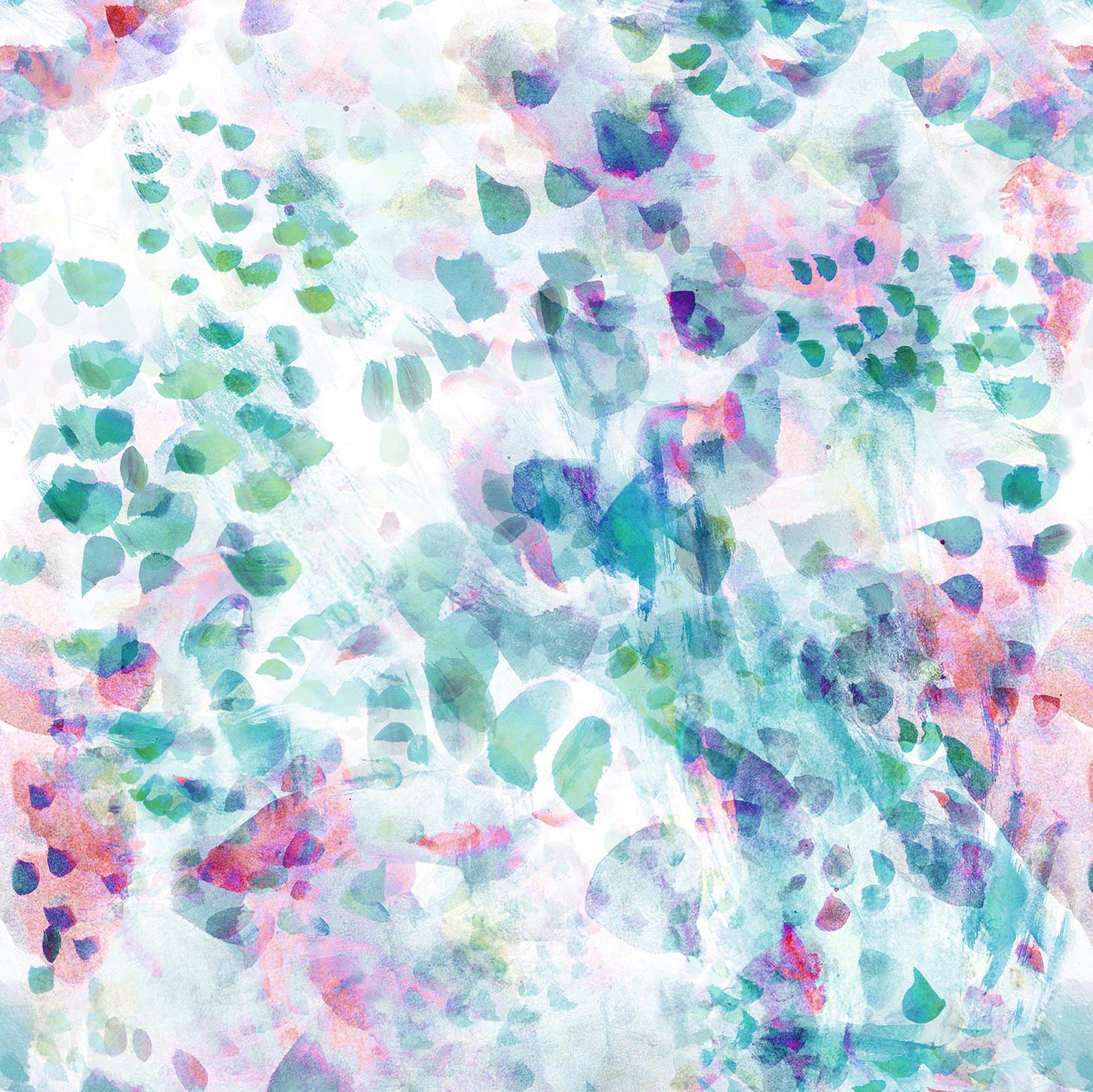 Detail of wallpaper in an abstract paint blotch print in pink, green and turquoise on a white field.