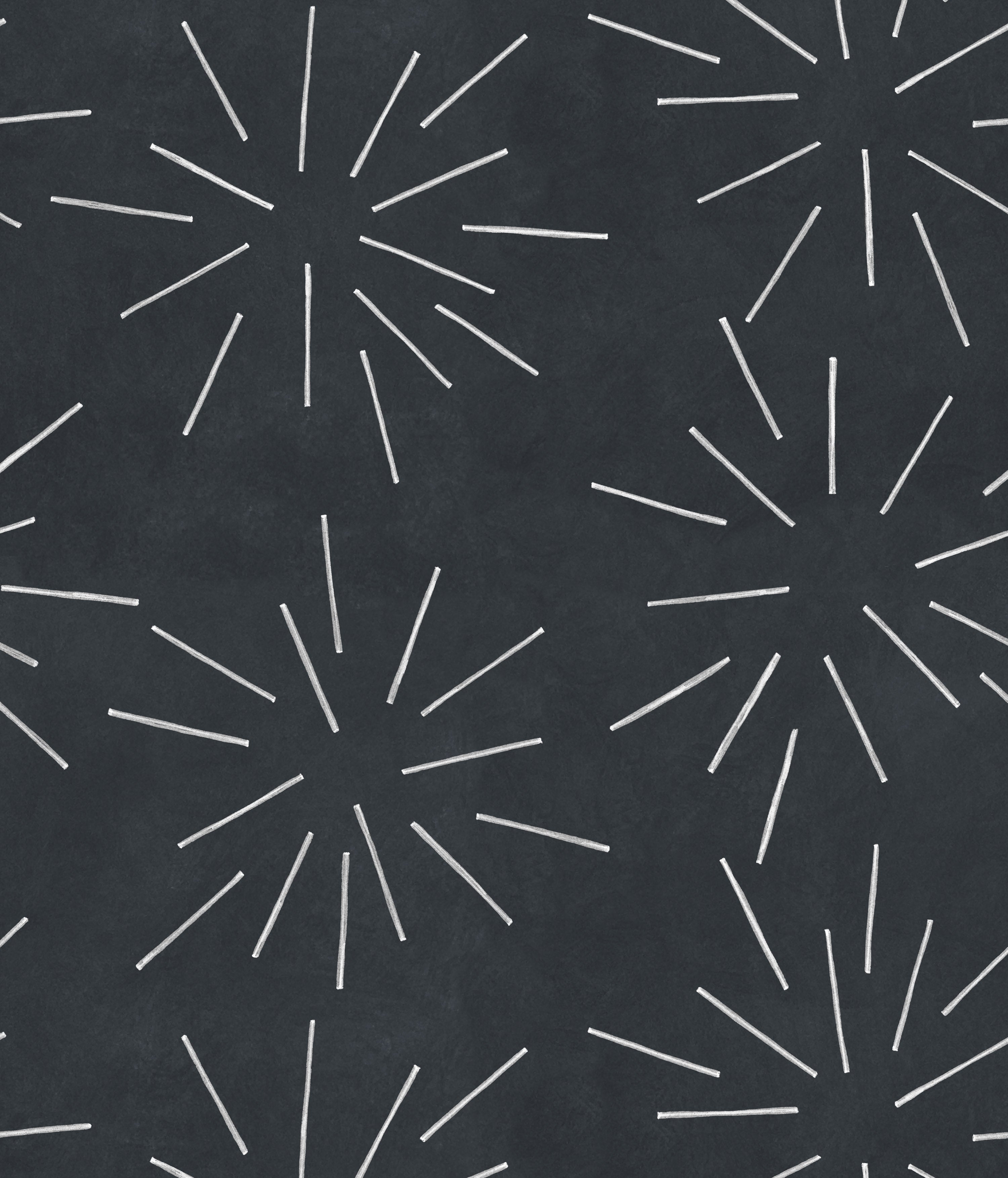 Detail of wallpaper in a playful firework print in white on a charcoal field.