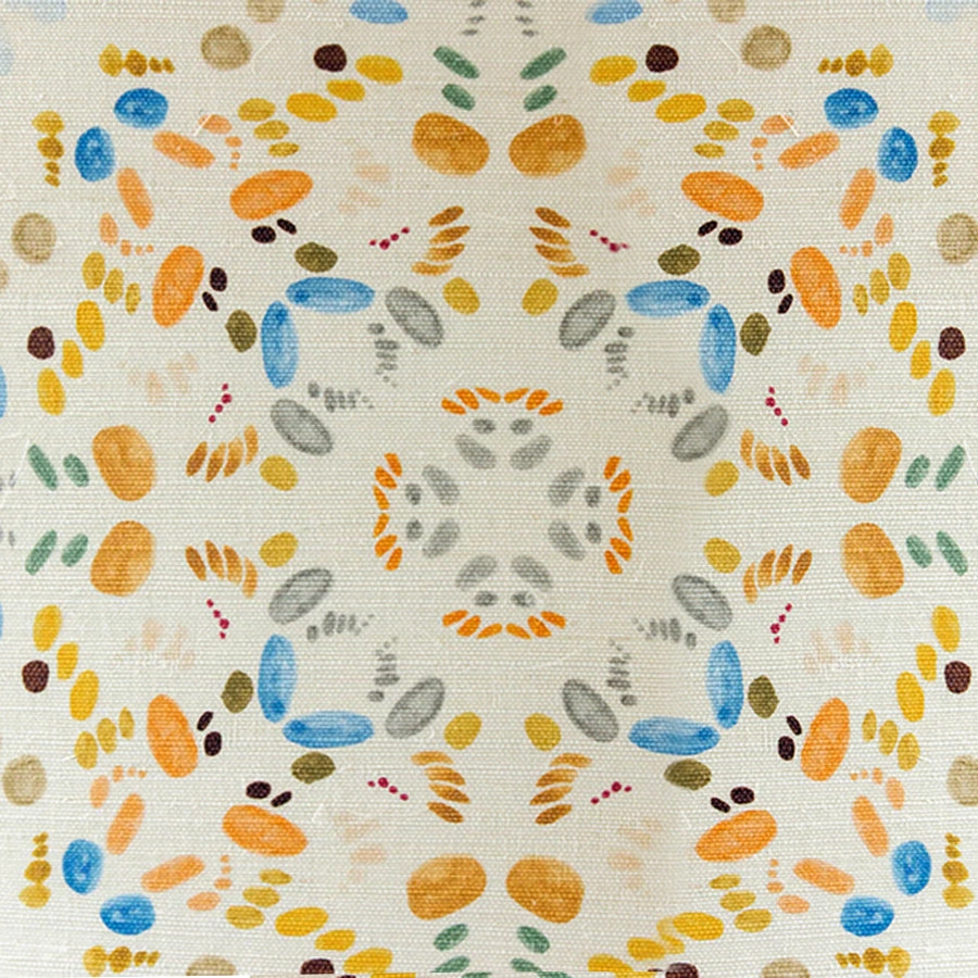 Detail of a symmetrical pattern made of ovals, in orange, yellow, blue, grey and green on a cream ground.