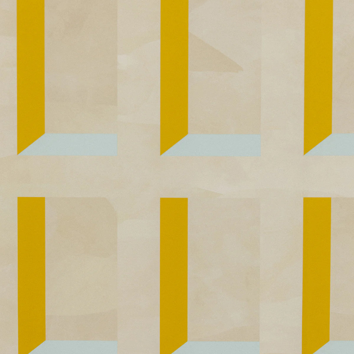 Detail of wallpaper in a dimensional grid print in shades of cream, light blue and yellow.