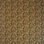 Scaled-out view of wallpaper in a dense small-scale floral print in shades of brown and tan on a green field.