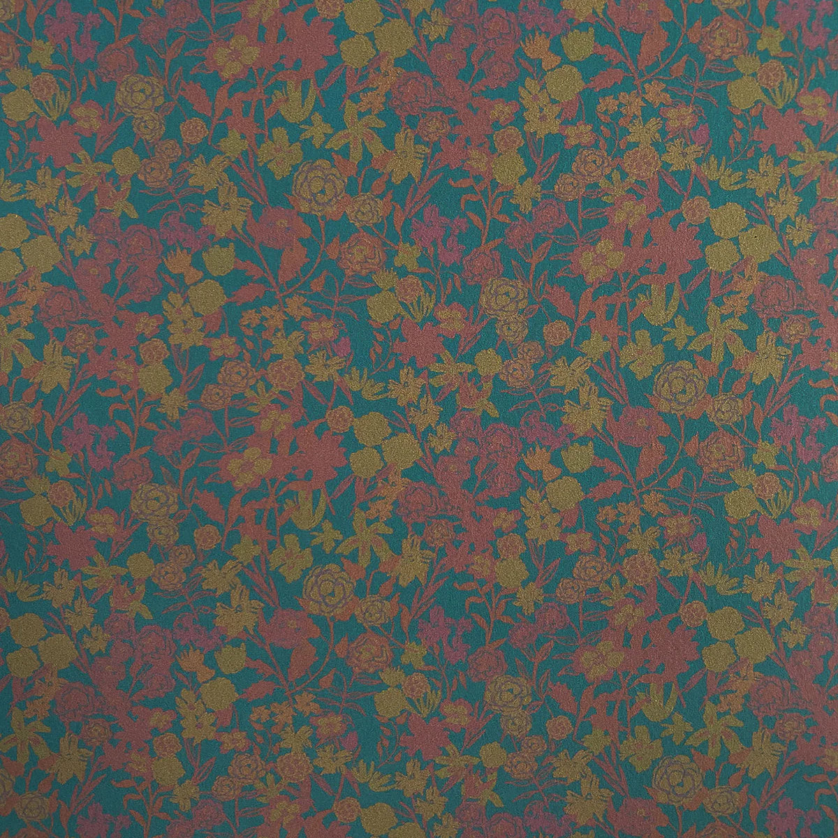 Detail of wallpaper in a dense small-scale floral print in shades of purple and gold on a navy field.