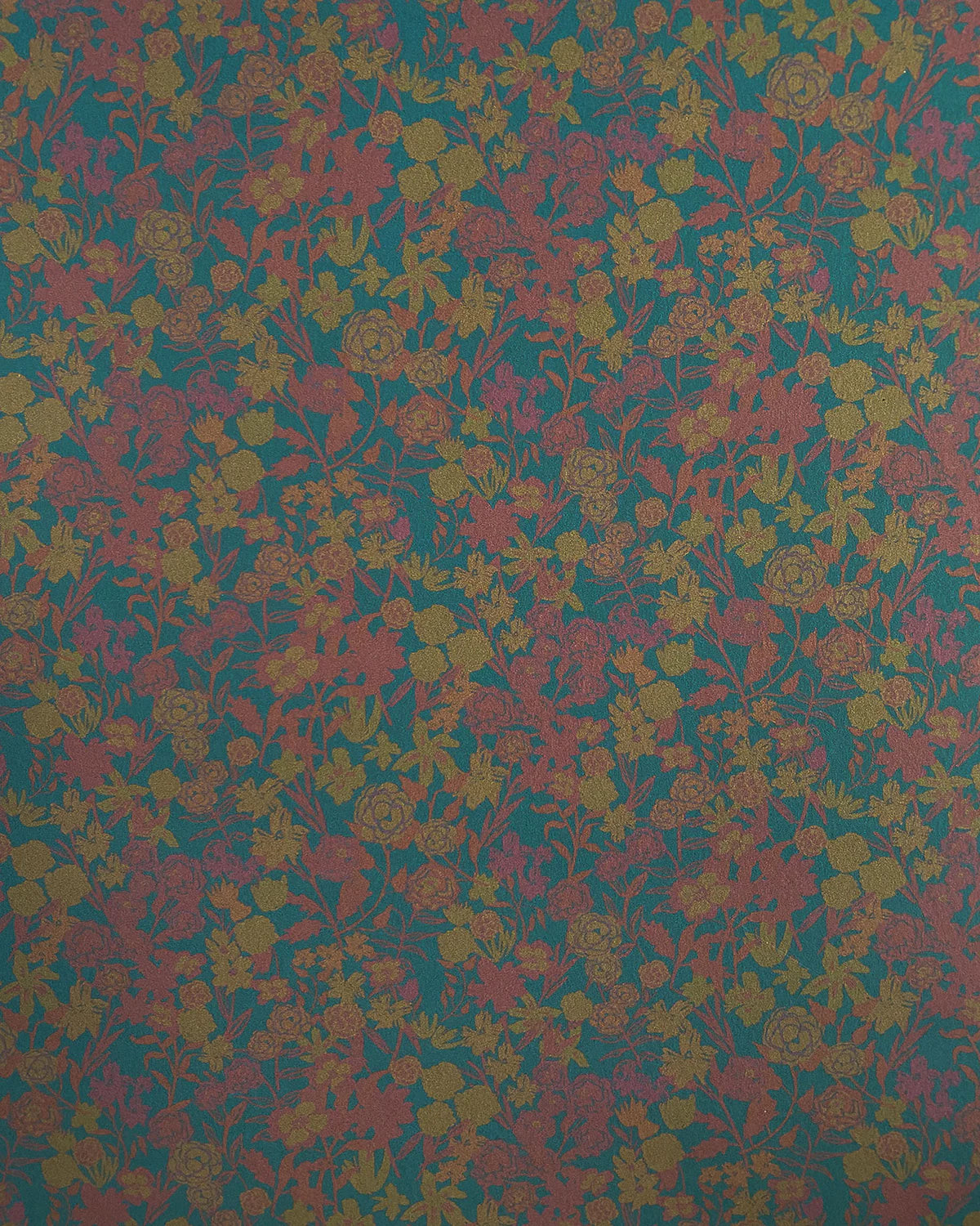 Detail of wallpaper in a dense small-scale floral print in shades of purple and gold on a navy field.