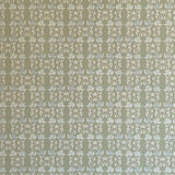 Detail of wallpaper in a linear floral print in blue and white on a green field.