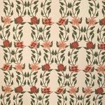 Detail of wallpaper in a linear floral print in red, orange and green on a cream field.