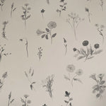 Detail of wallpaper in a painterly flower print in shades of gray on a cream field.