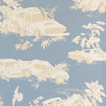 Detail of wallpaper in a playful illustrated car crash print in cream and white on a light blue field.