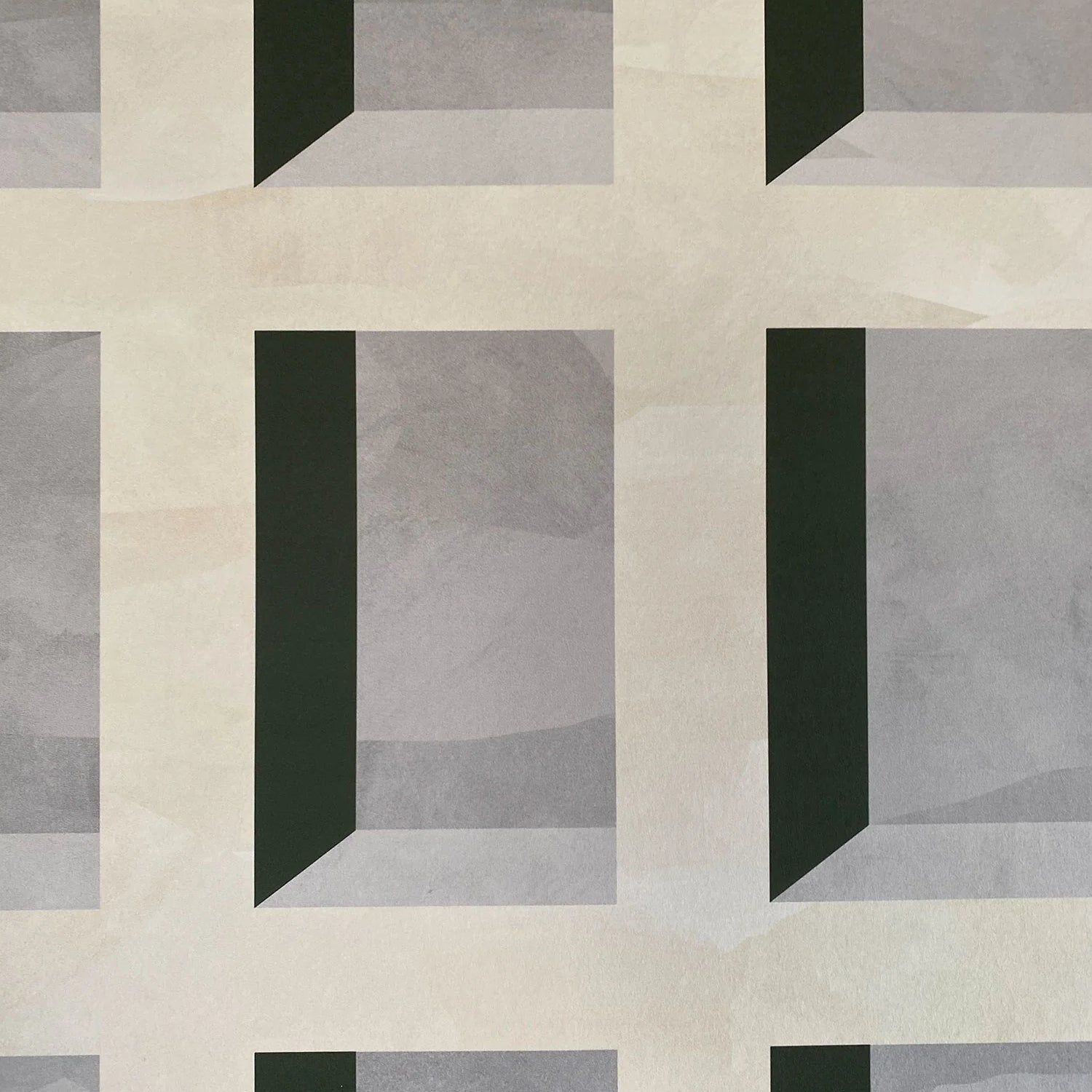 Detail of wallpaper in a dimensional grid print in shades of cream, gray and charcoal.