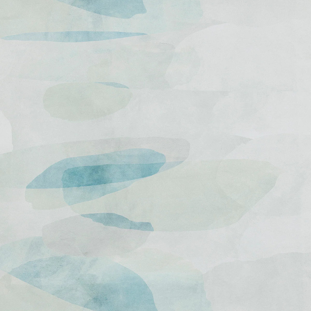 Detail of wallpaper in an abstract color blot print in shades of white, gray and turquoise.