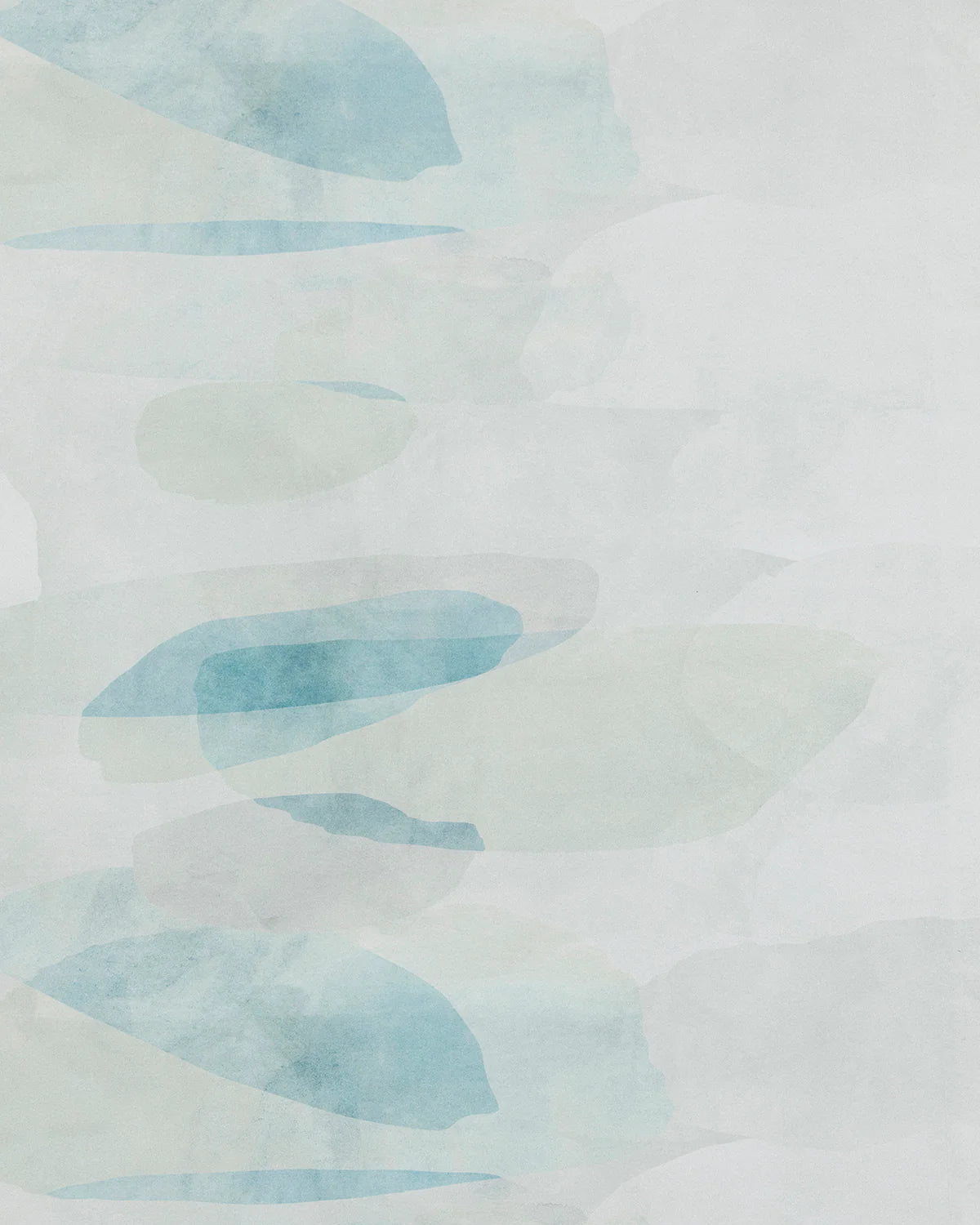 Detail of wallpaper in an abstract color blot print in shades of white, gray and turquoise.