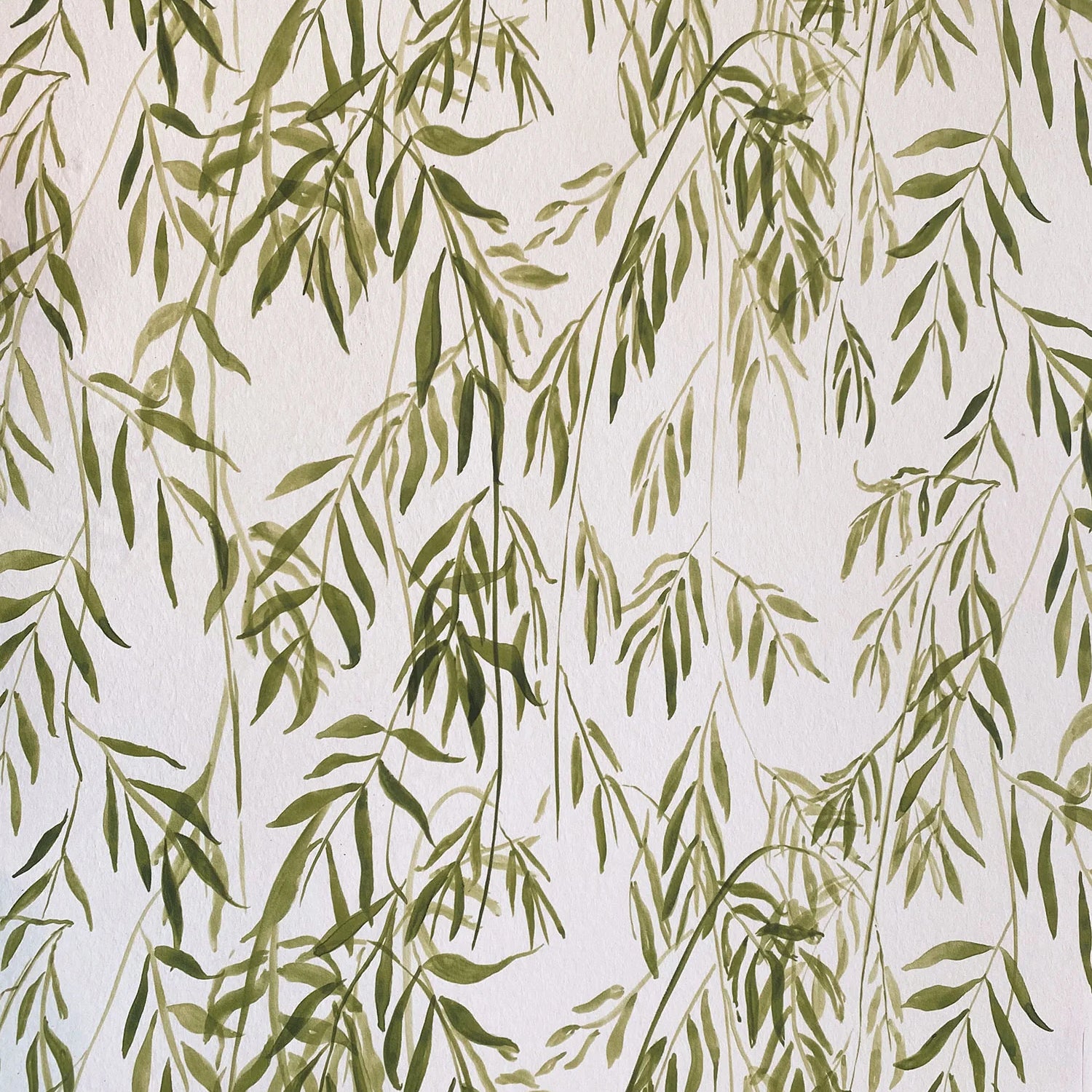 Detail of wallpaper in a painterly willow leaf print in green on a white field.