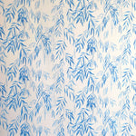 Detail of wallpaper in a painterly willow leaf print in blue on a white field.