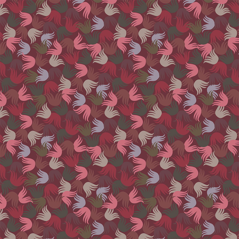 Scaled-out view of fabric in a playful "floof" pattern in shades of red, pink, green and tan on a pink field.