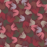 Detail of fabric in a playful "floof" pattern in shades of red, pink, green and tan on a pink field.