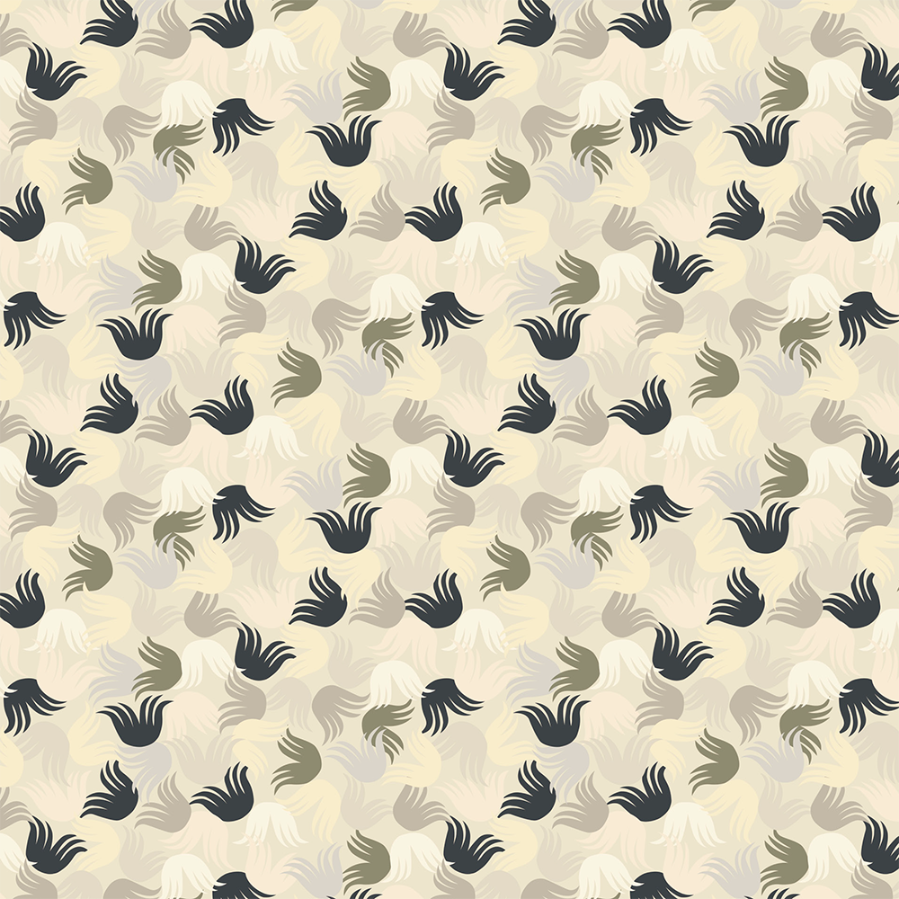 Scaled-out view of wallpaper in a playful "floof" pattern in shades of cream, tan and gray on a cream field.