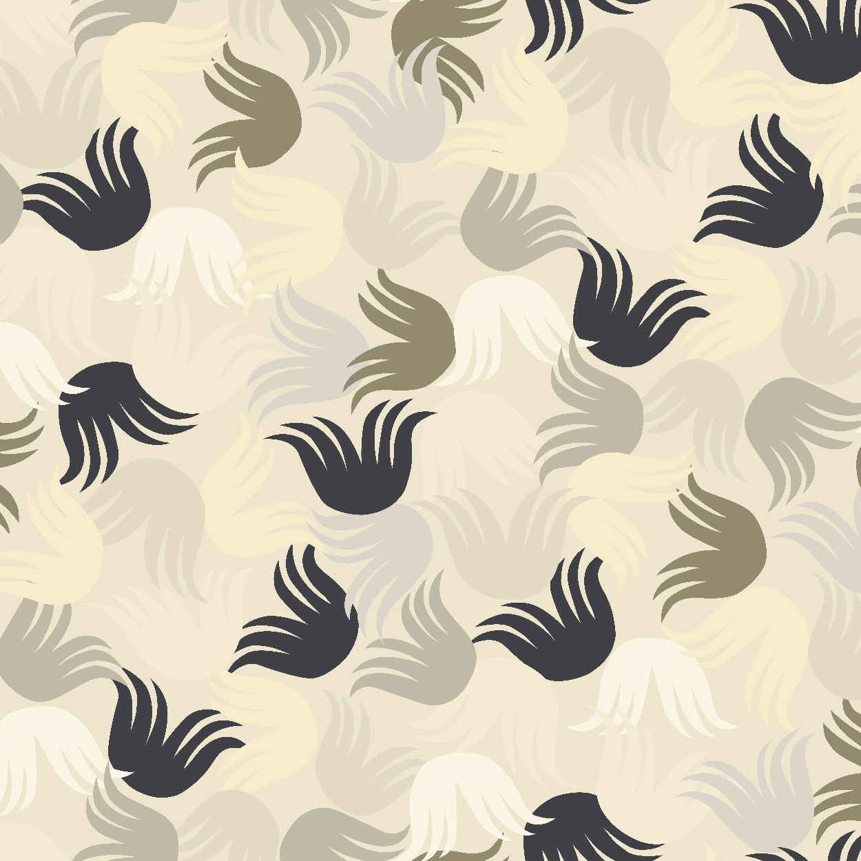 Detail of fabric in a playful "floof" pattern in shades of cream, tan and gray on a cream field.