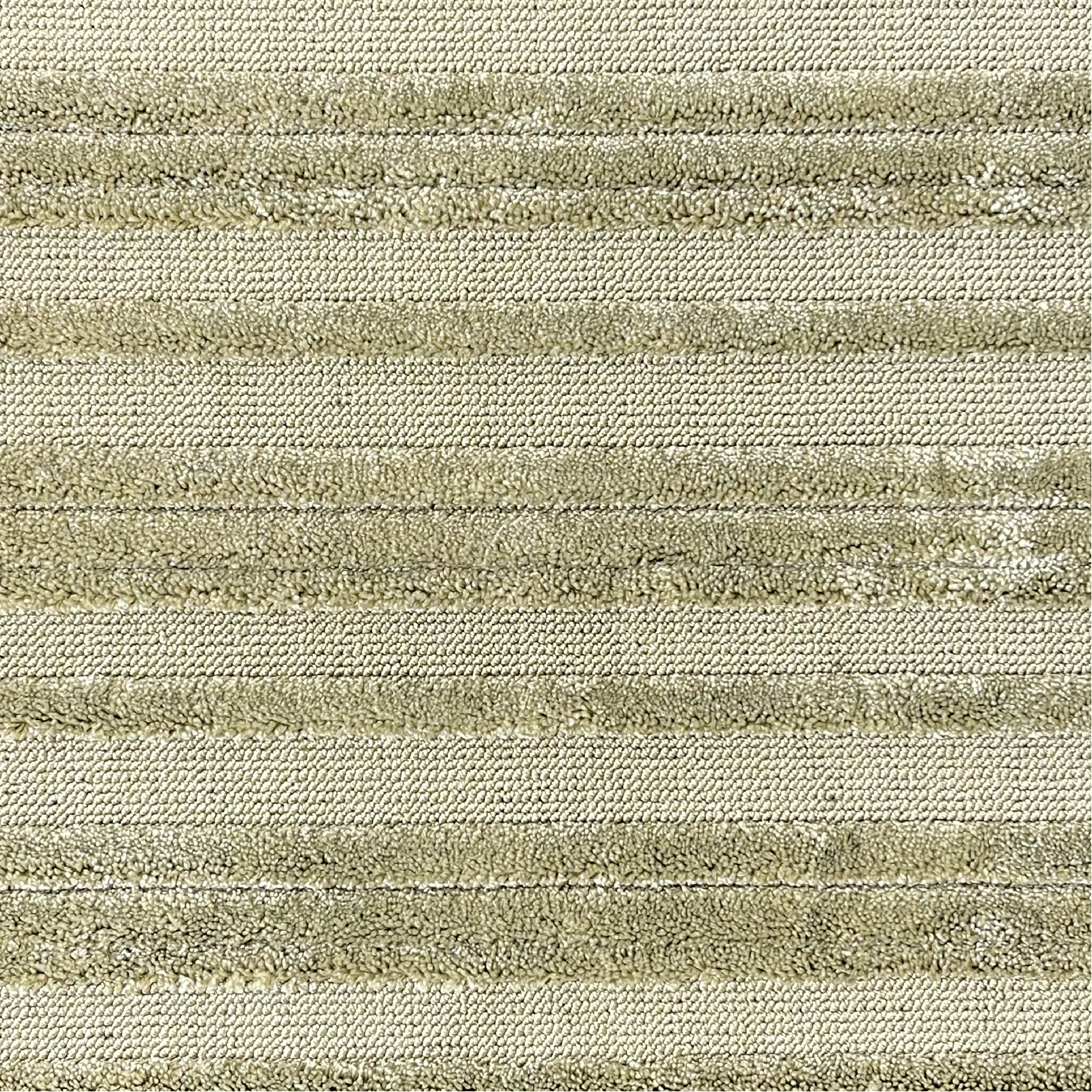 Textured carpet with horizontal loop and raised cut pile stripes in sage green.