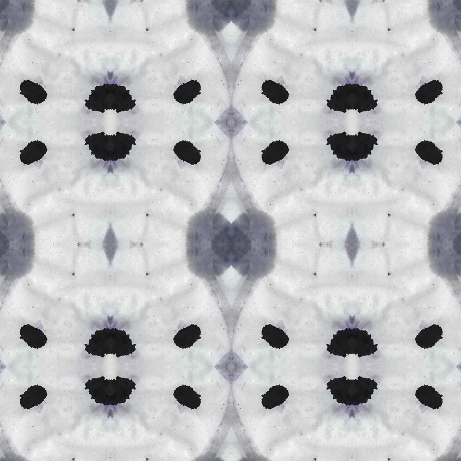 Detail of wallpaper in an abstract ink blot print in shades of charcoal and black on a greige field.