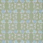 Detail of fabric in a linear floral print in blue and white on a green field.