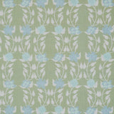 Detail of fabric in a linear floral print in blue and white on a green field.