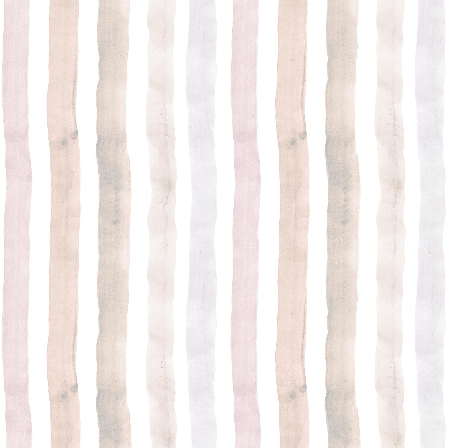Detail of wallpaper in a painterly stripe print in shades of pink, gray and cream on a white field.