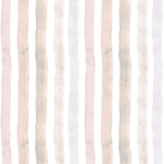 Detail of wallpaper in a painterly stripe print in shades of pink, gray and cream on a white field.