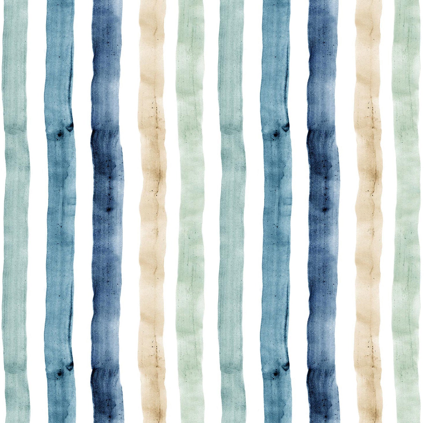 Detail of wallpaper in a painterly stripe print in shades of blue, green and tan on a white field.