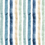 Detail of wallpaper in a painterly stripe print in shades of blue, green and tan on a white field.
