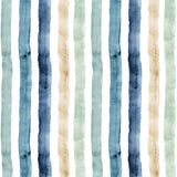 Detail of wallpaper in a painterly stripe print in shades of blue, green and tan on a white field.