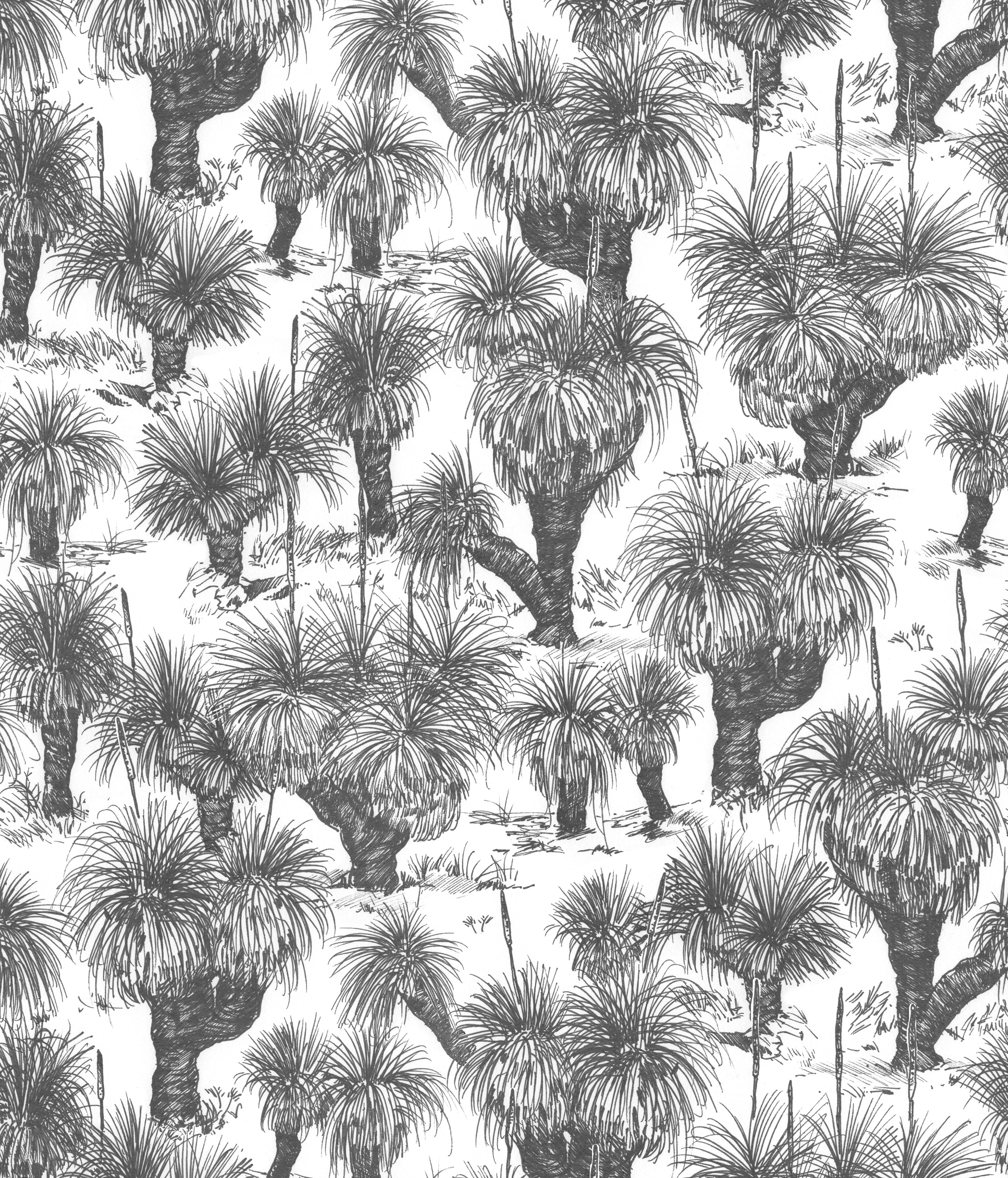 Detail of wallpaper in a painterly tree print in charcoal on a white field.