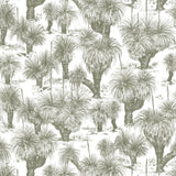 Detail of wallpaper in a painterly tree print in sage on a white field.