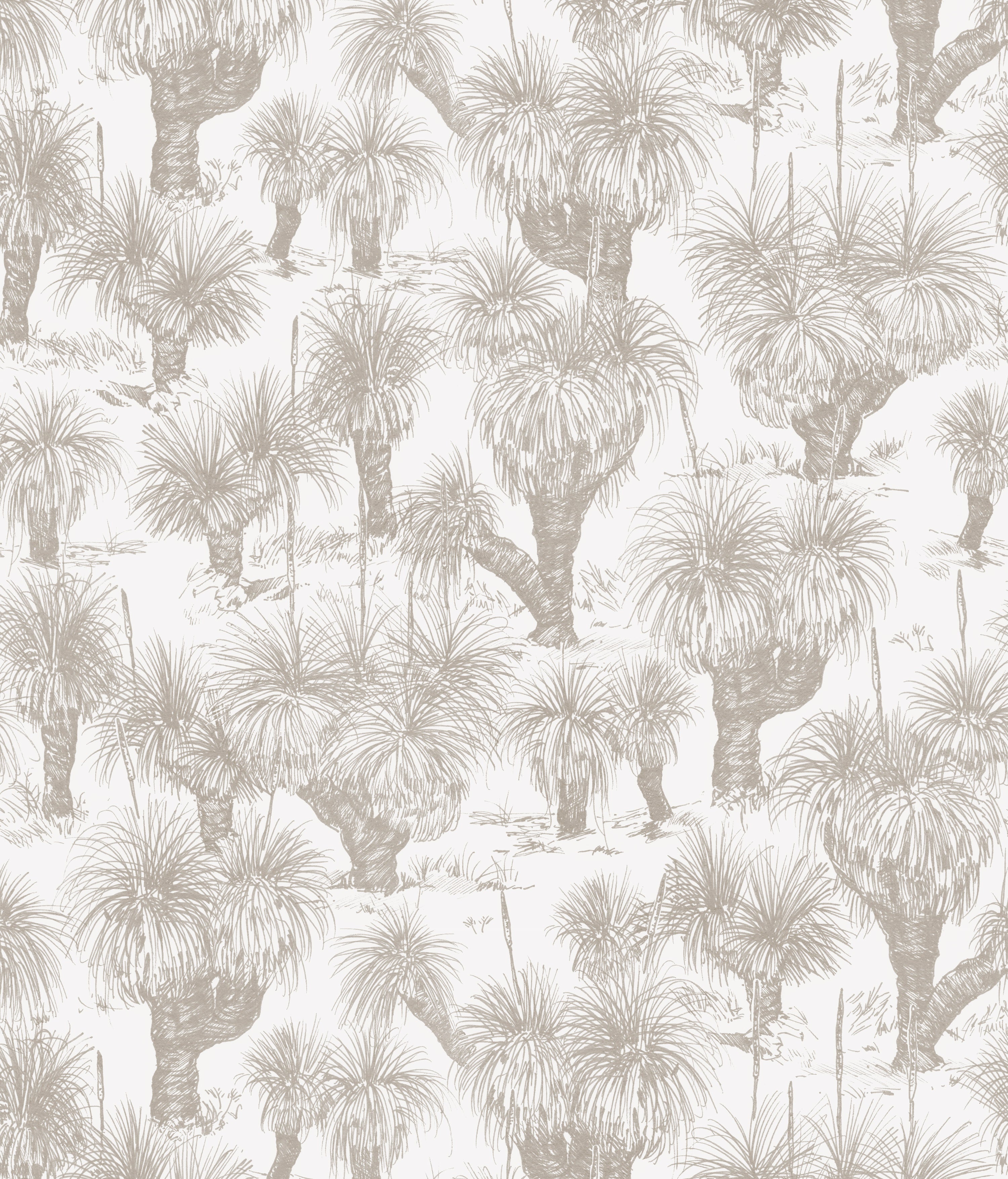 Detail of wallpaper in a painterly tree print in tan on a white field.