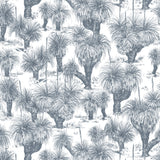 Detail of wallpaper in a painterly tree print in navy on a white field.