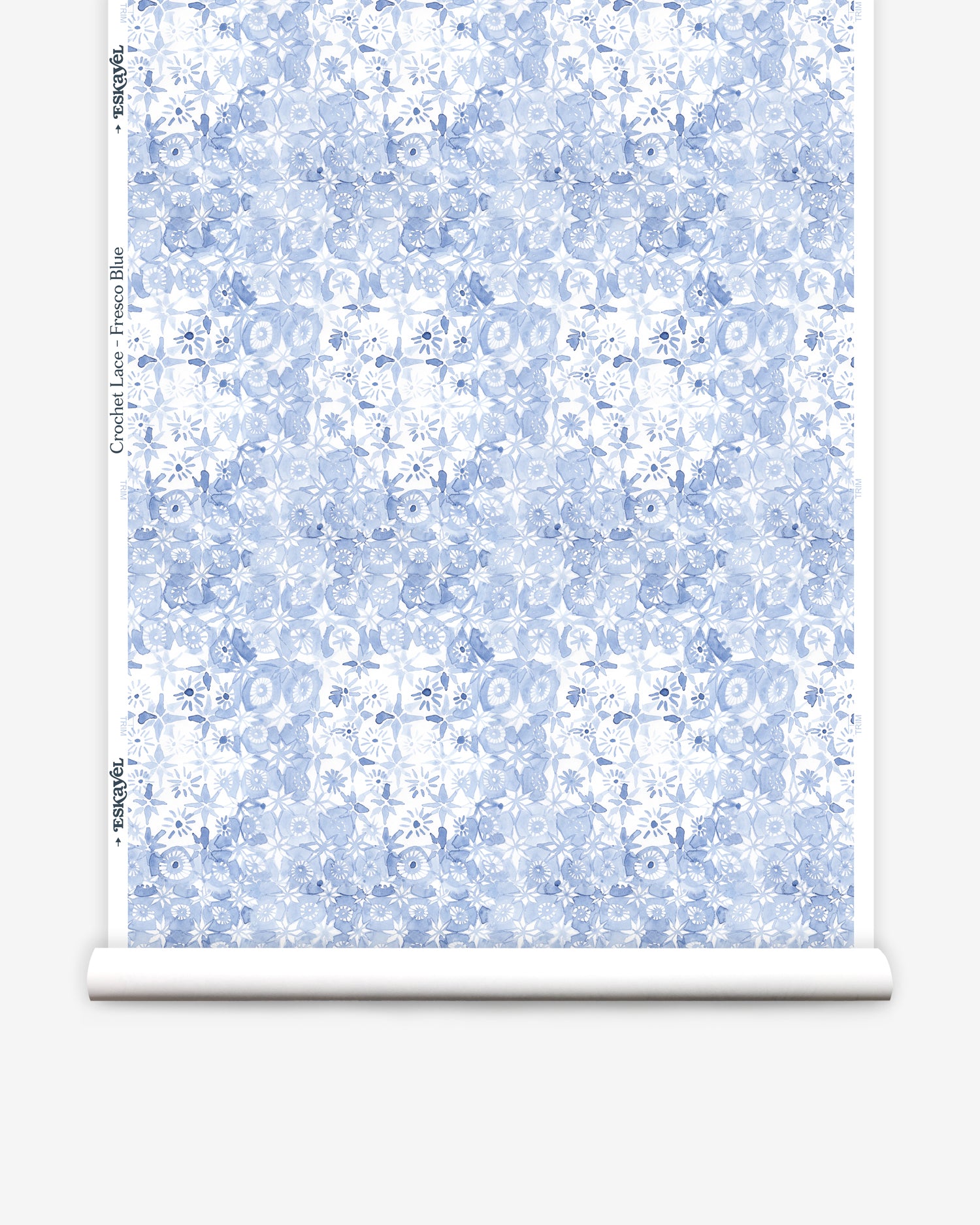 Wallpaper roll with blue and white watercolor floral pattern on a white background.