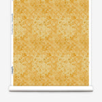 Wallpaper roll with yellow watercolor floral pattern on a white background.