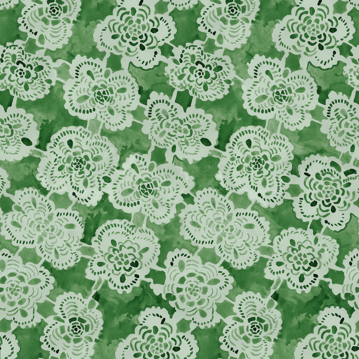 White lace floral pattern on a green background