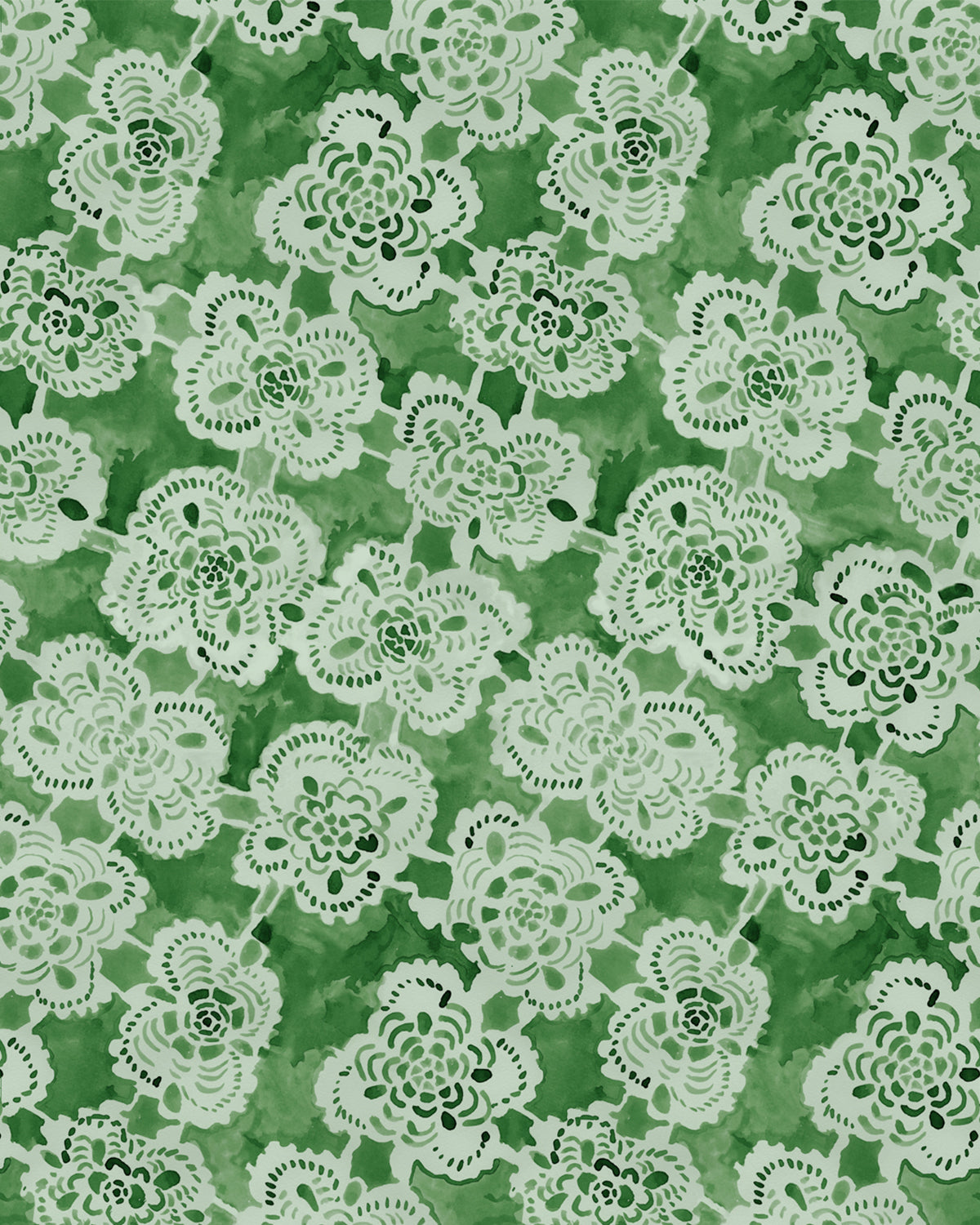 White lace floral pattern on a green background