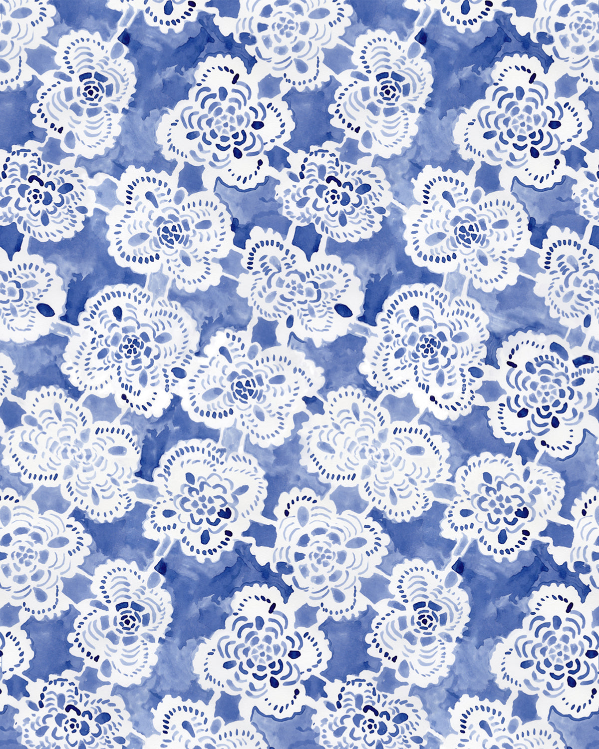 White floral lace pattern on a blue watercolor background