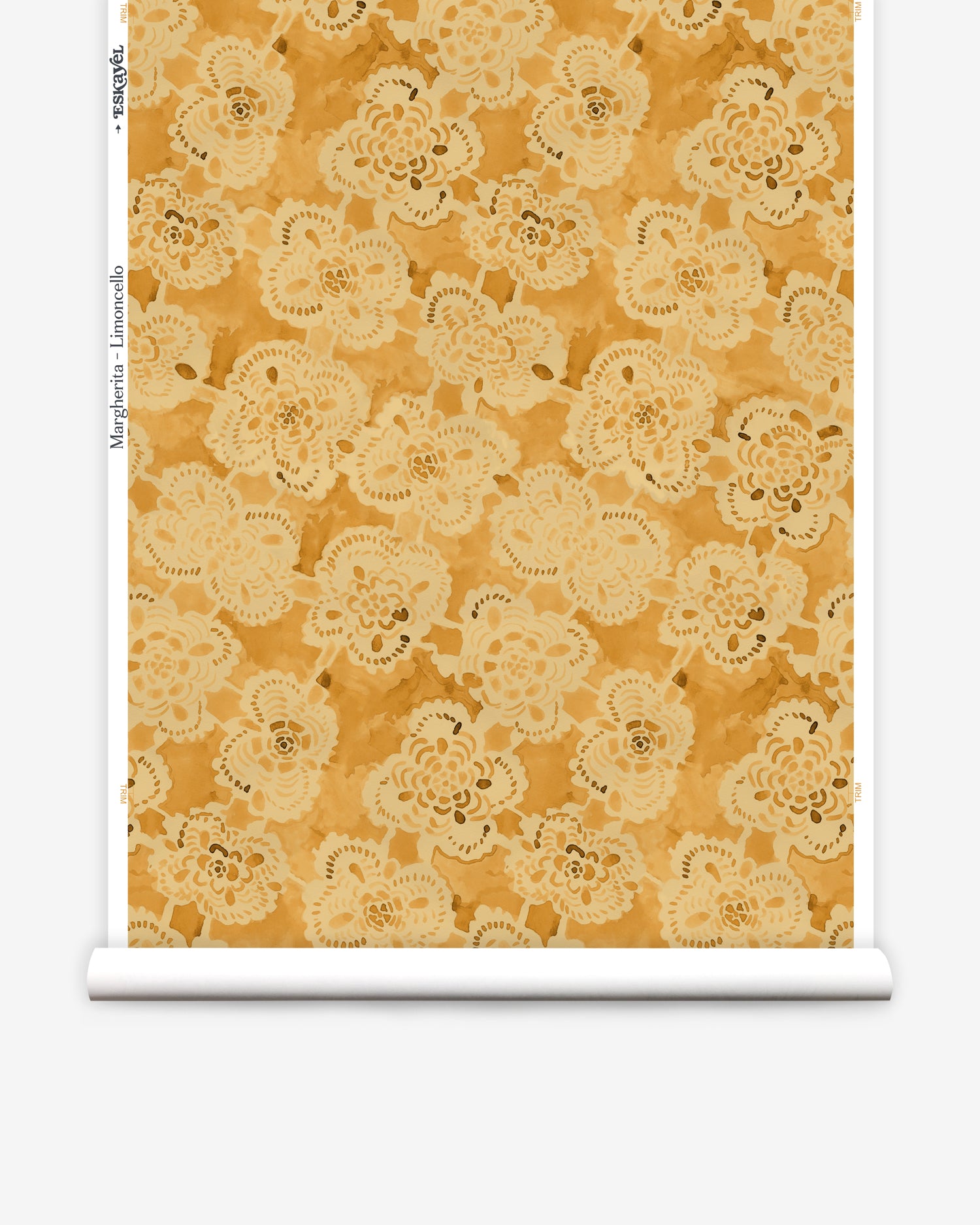 Wallpaper roll with yellow watercolor lace floral pattern on a white background.