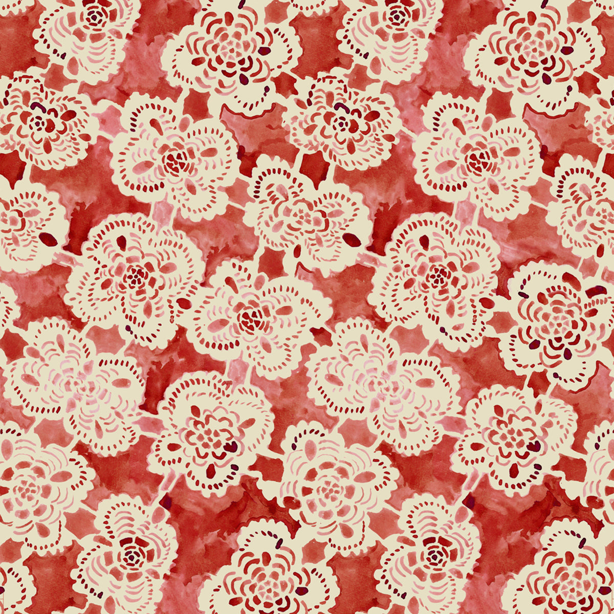 Pattern of white lace flowers on a red background