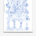 Wallpaper roll with blue lace geometric pattern on a white background