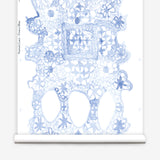 Wallpaper roll with blue lace geometric pattern on a white background