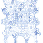 Decorative lace pattern in light blue on a white background