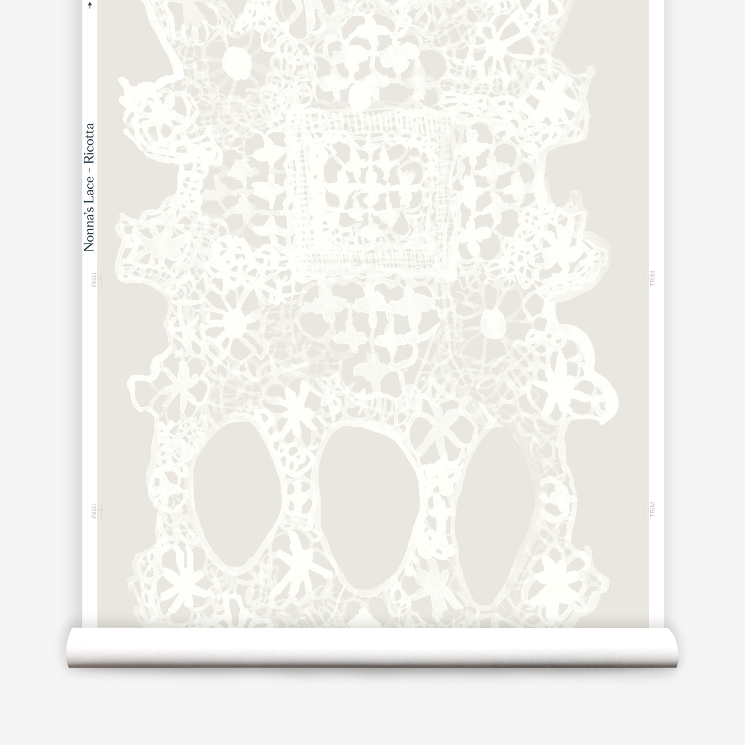Wallpaper roll with White lace geometric pattern on a white background