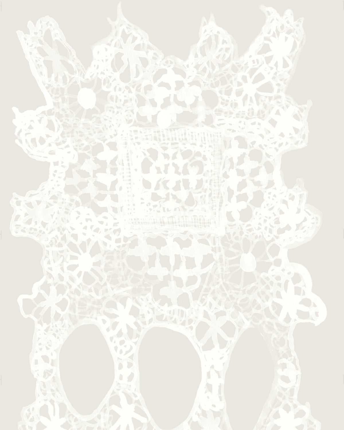 White lace doily pattern on a light gray background