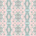 Detail of wallpaper in a painterly gometric stripe in gray, blue and green on a pink field.