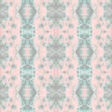Detail of wallpaper in a painterly gometric stripe in gray, blue and green on a pink field.