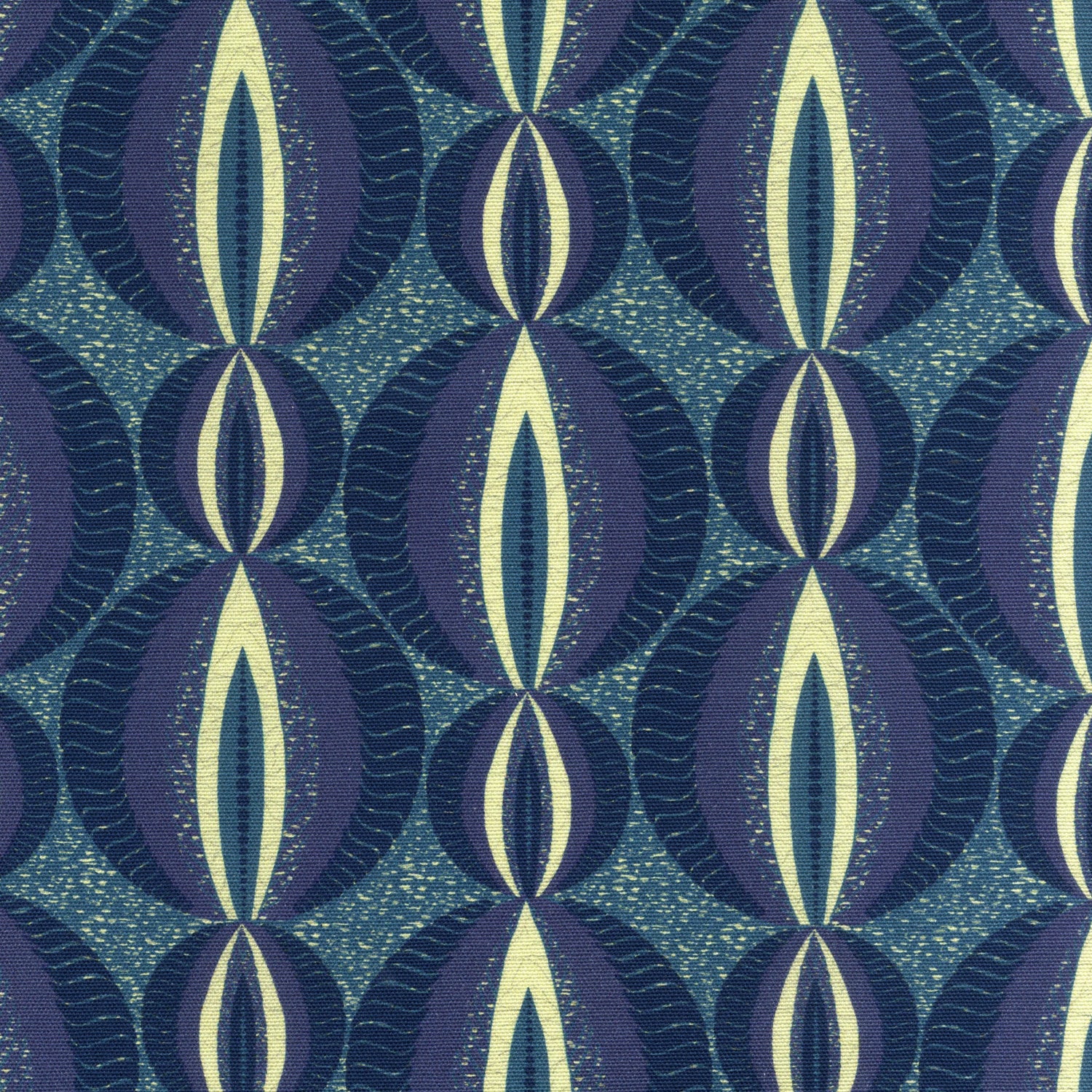 Detail of fabric in an interlocking circular stripe print in shades of navy and lime green on a navy field.
