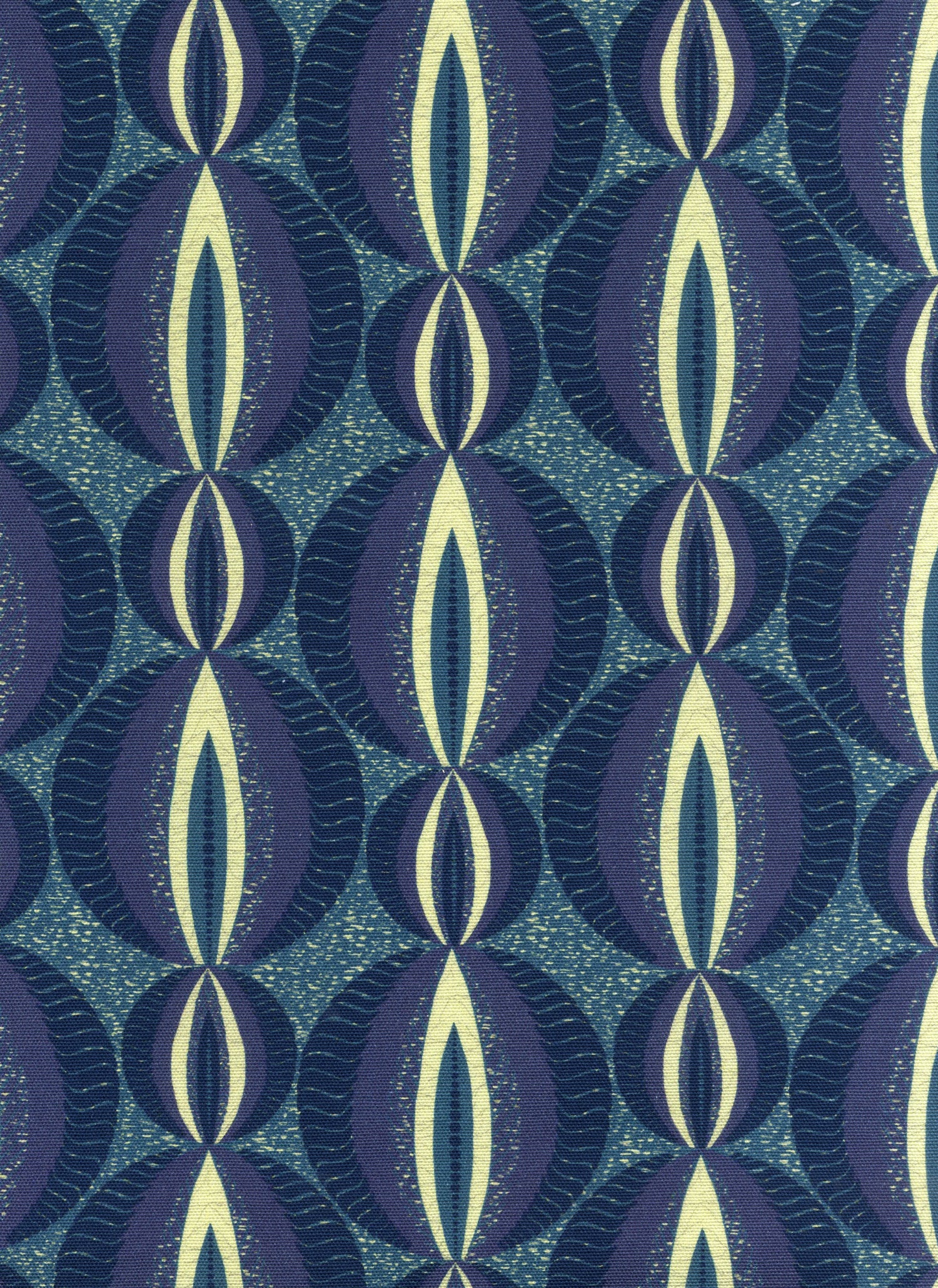 Detail of fabric in an interlocking circular stripe print in shades of navy and lime green on a navy field.
