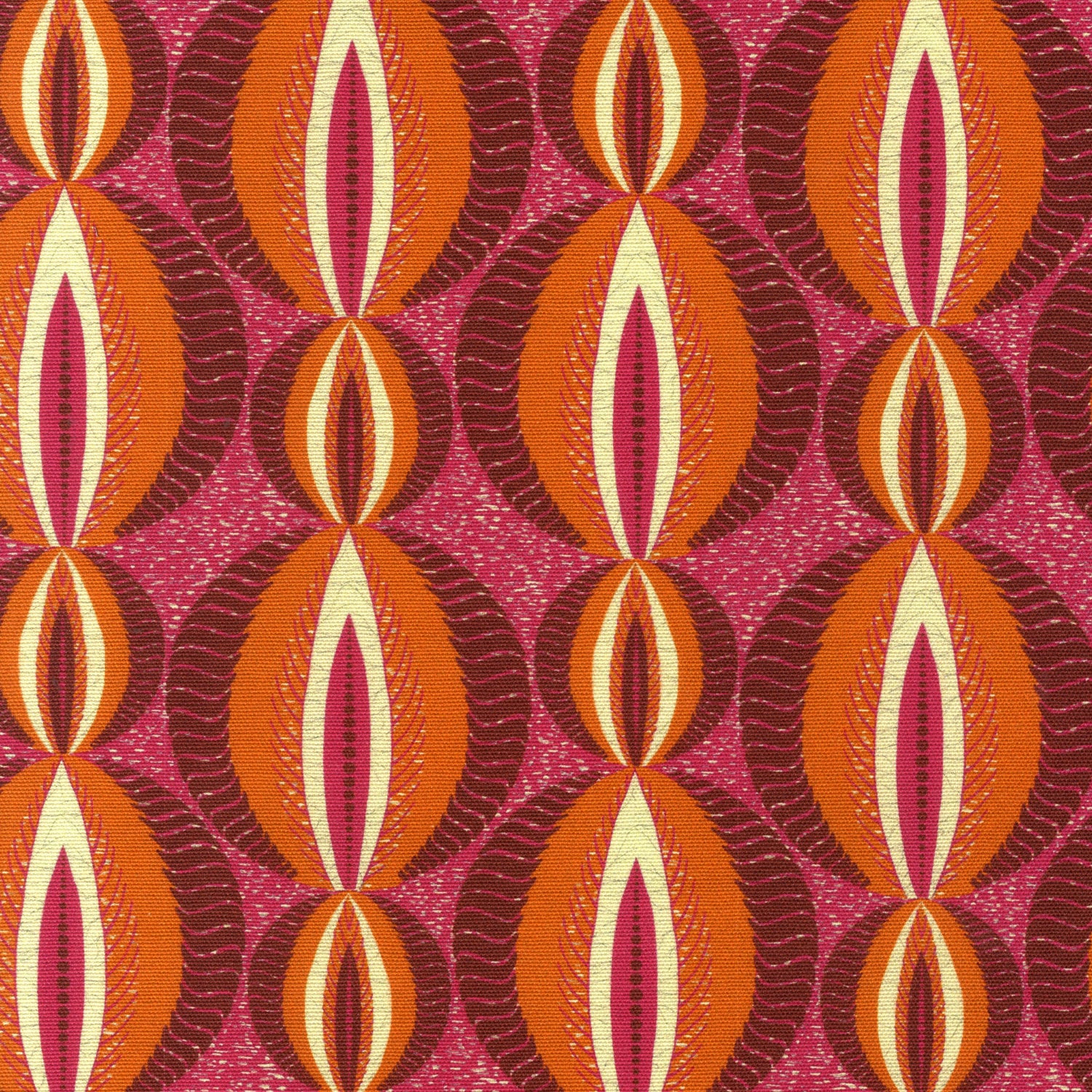 Detail of fabric in an interlocking circular stripe print in shades of pink, orange and purple on a pink field.